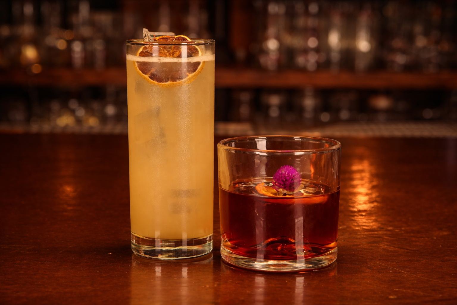 Sophisticated cocktail bar with backlit shelves displaying premium spirits, brass fixtures, and bartender crafting Himalayan-inspired cocktails